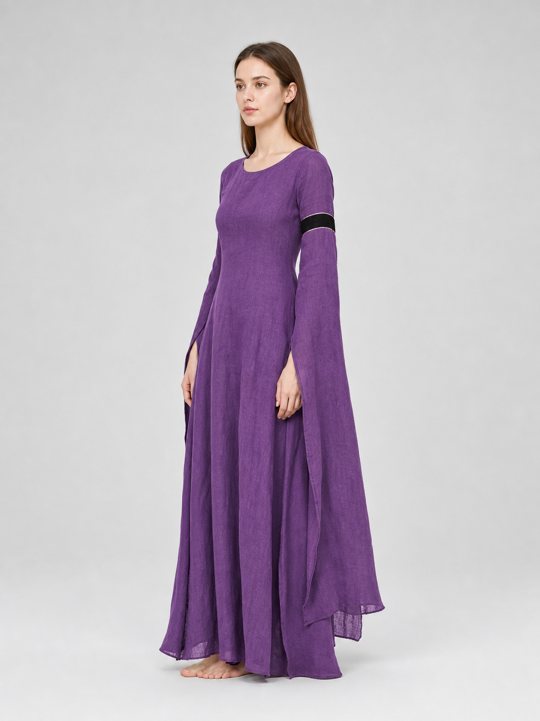 Purple Floor-Length Dress with Long Sleeves