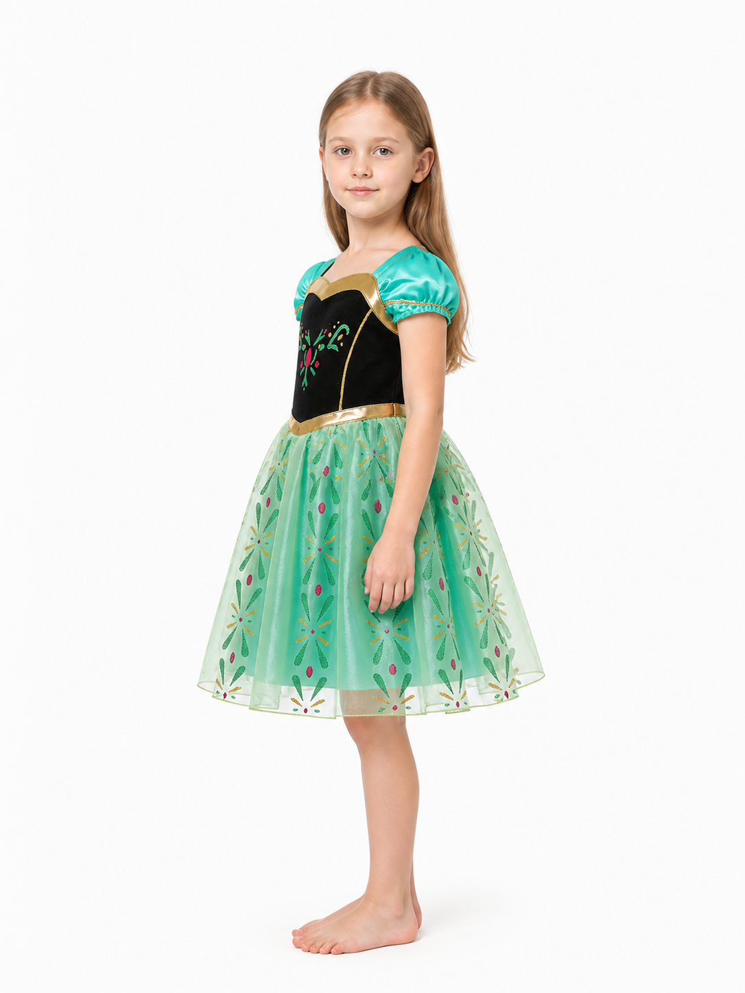 Children's Carnival Dress with a Full Skirt and Flowers side view