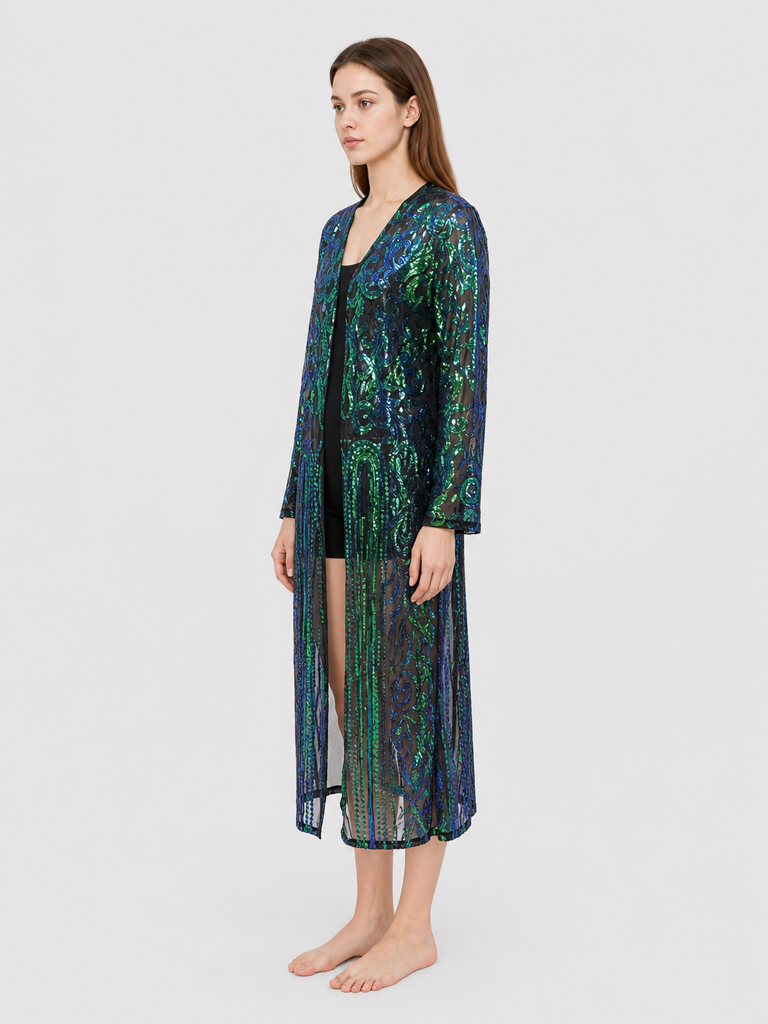 Long Sequin and Embroidered Open-Front Cardigan