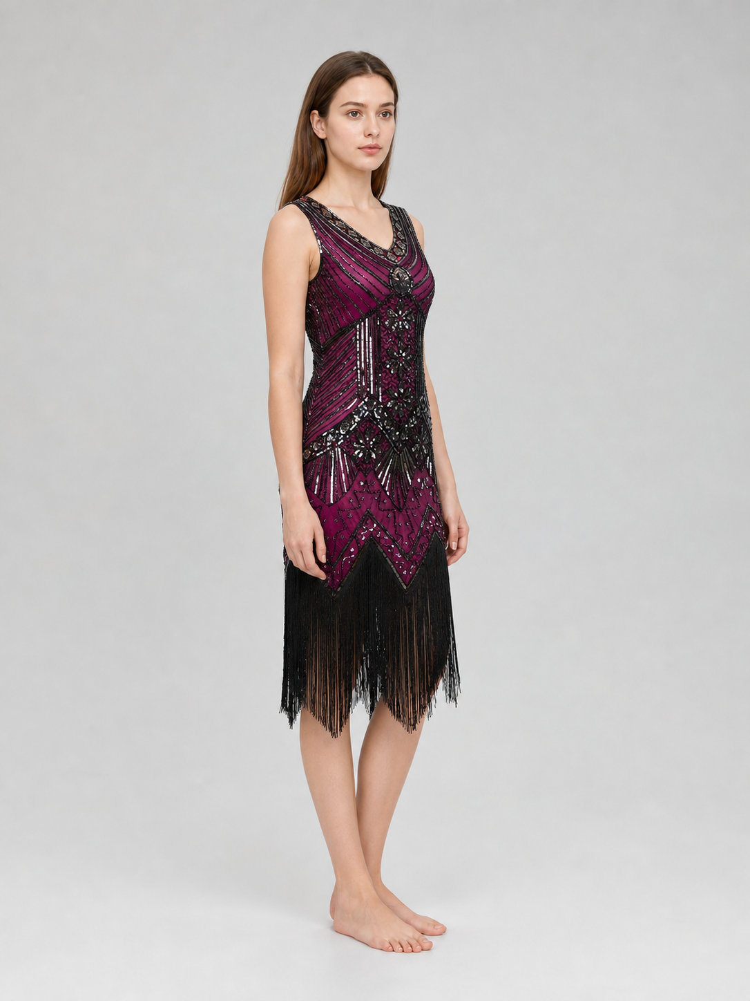 1920s-Style Flapper Dress with Fringe and Sequins