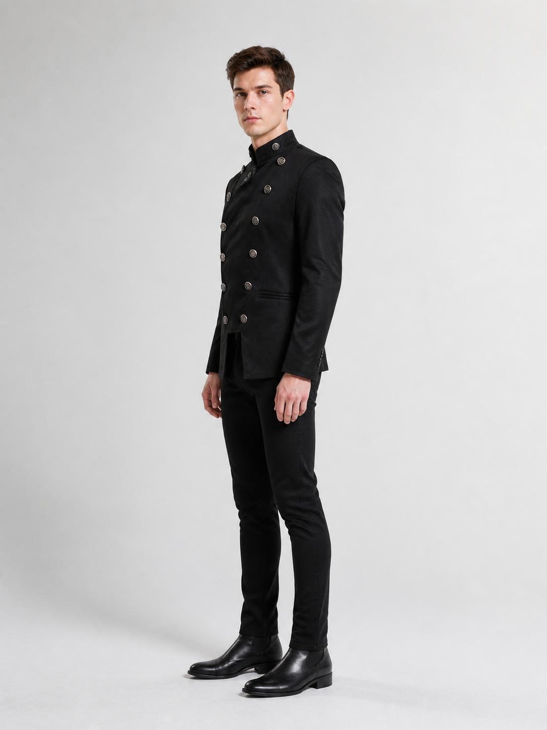 Black Double-Breasted Jacket with a High Collar side view