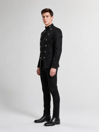 Black Double-Breasted Jacket with a High Collar side view