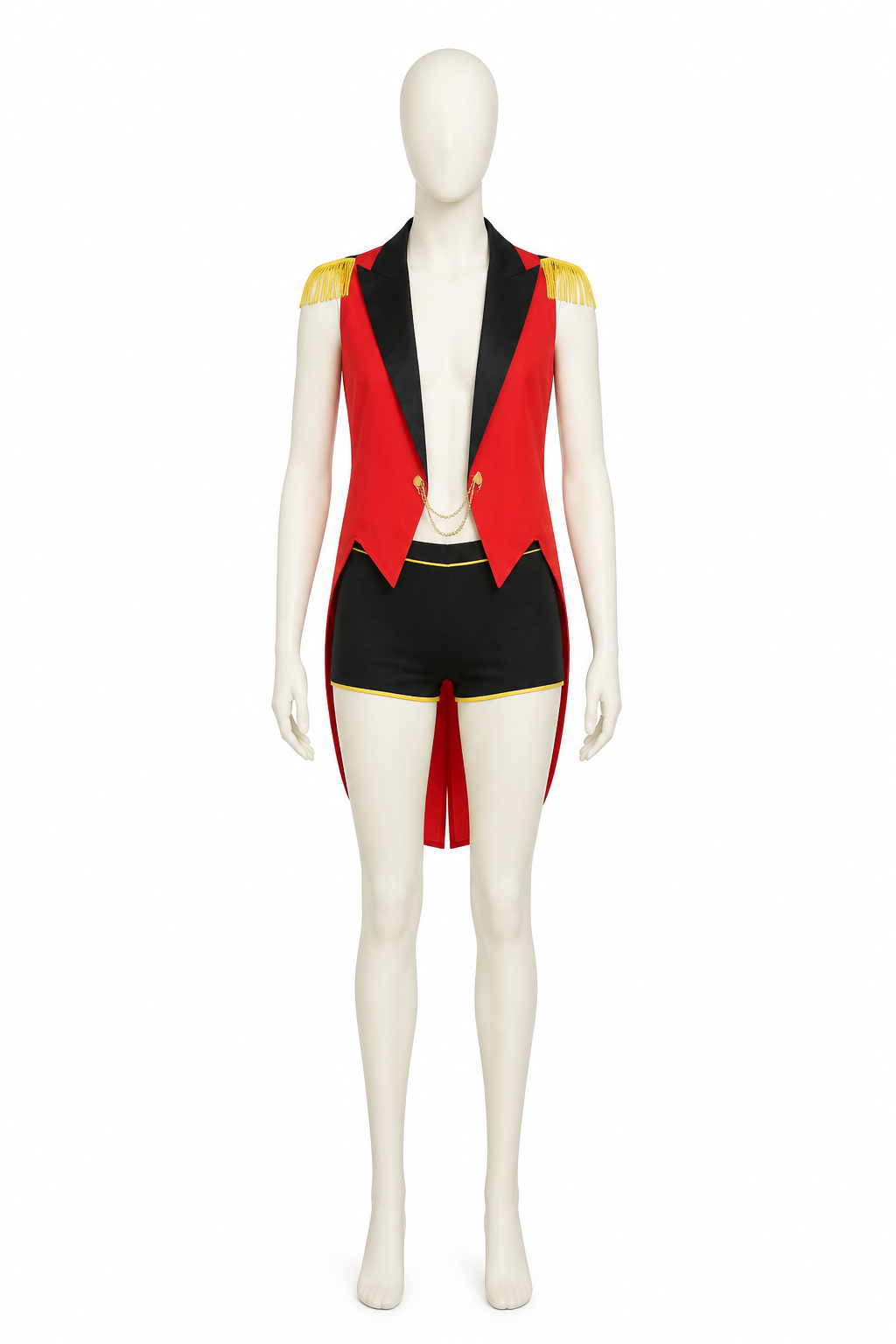 Pirate costume with a red vest and black shorts side view
