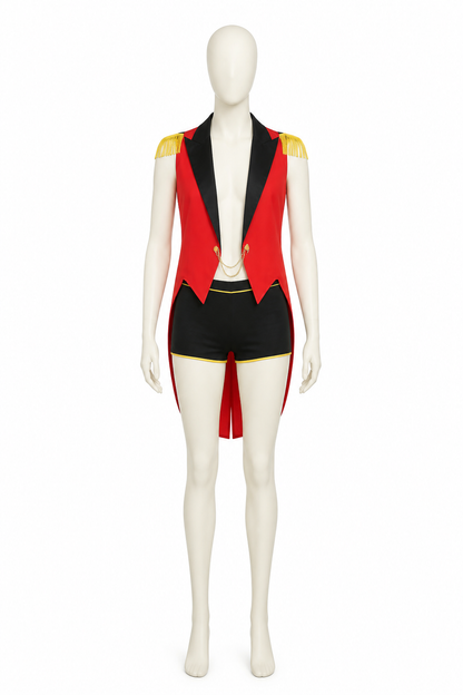 Pirate costume with a red vest and black shorts side view