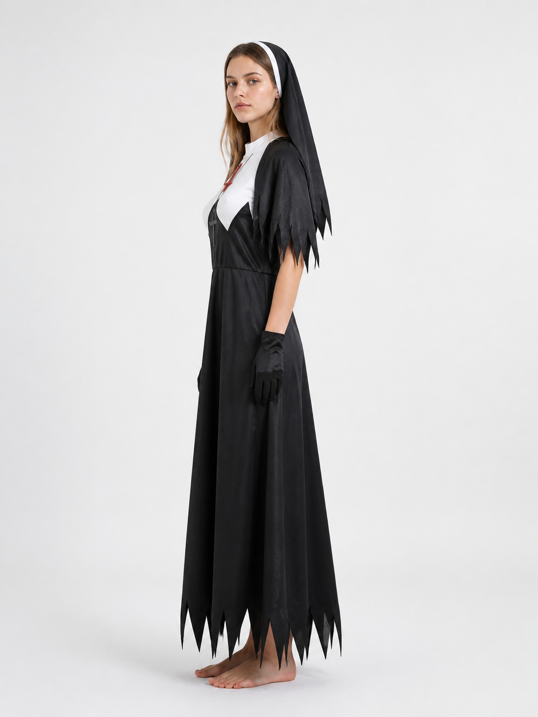 Black Long Dress with Cross and Torn Edge side view