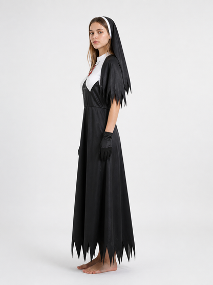 Black Long Dress with Cross and Torn Edge side view
