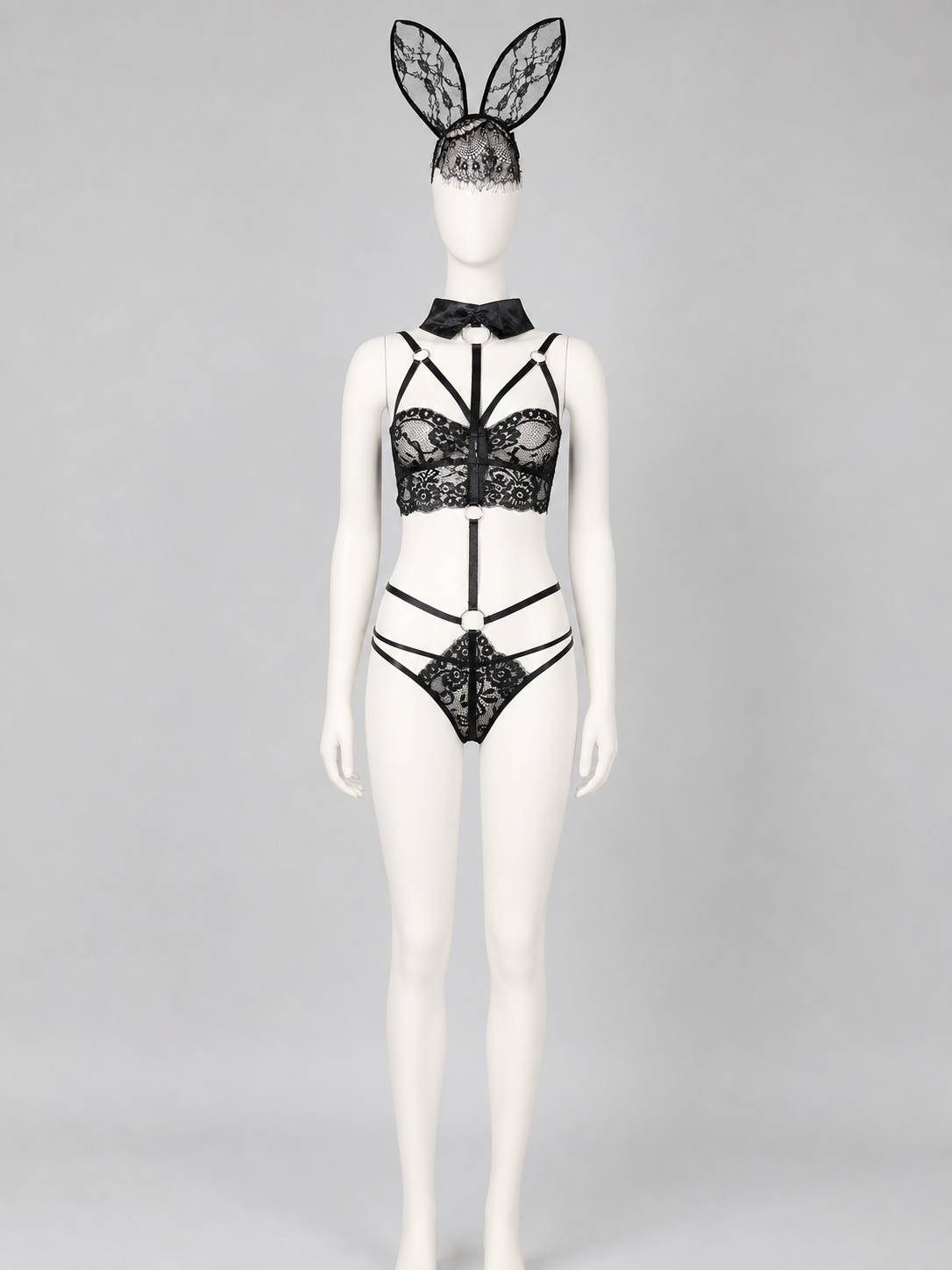 Lace Bunny Costume with Ears and Decorative Straps