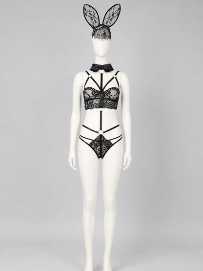 Lace Bunny Costume with Ears and Decorative Straps