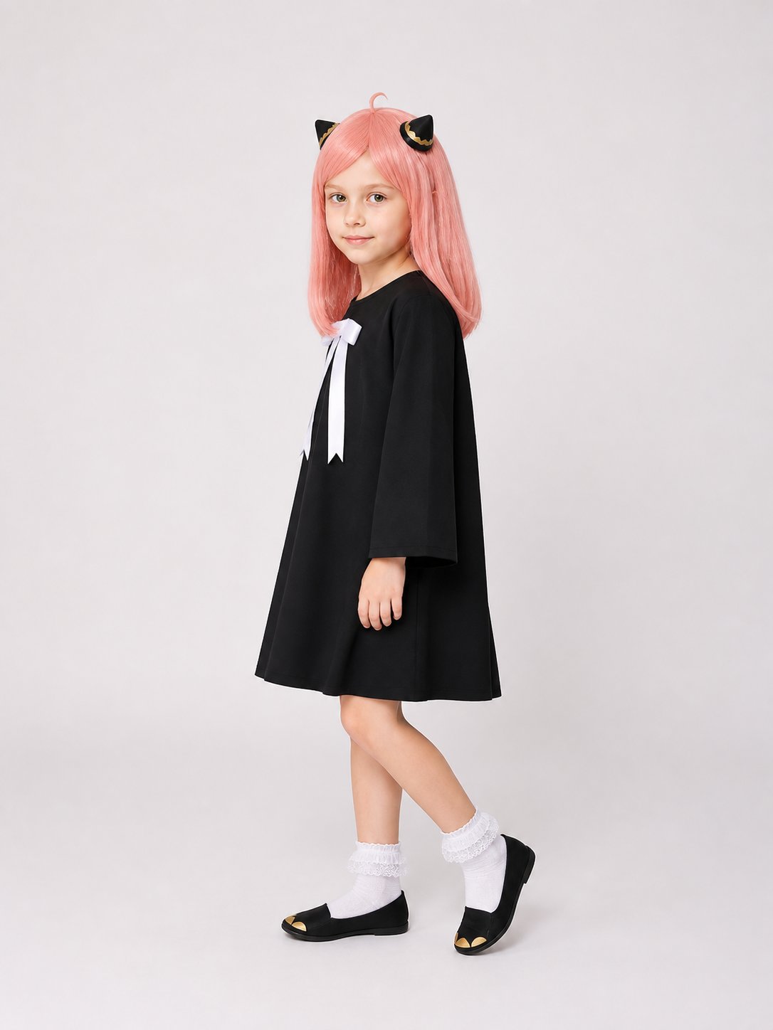 Anya Costume with Black Dress, Pink Wig, and Horns side view