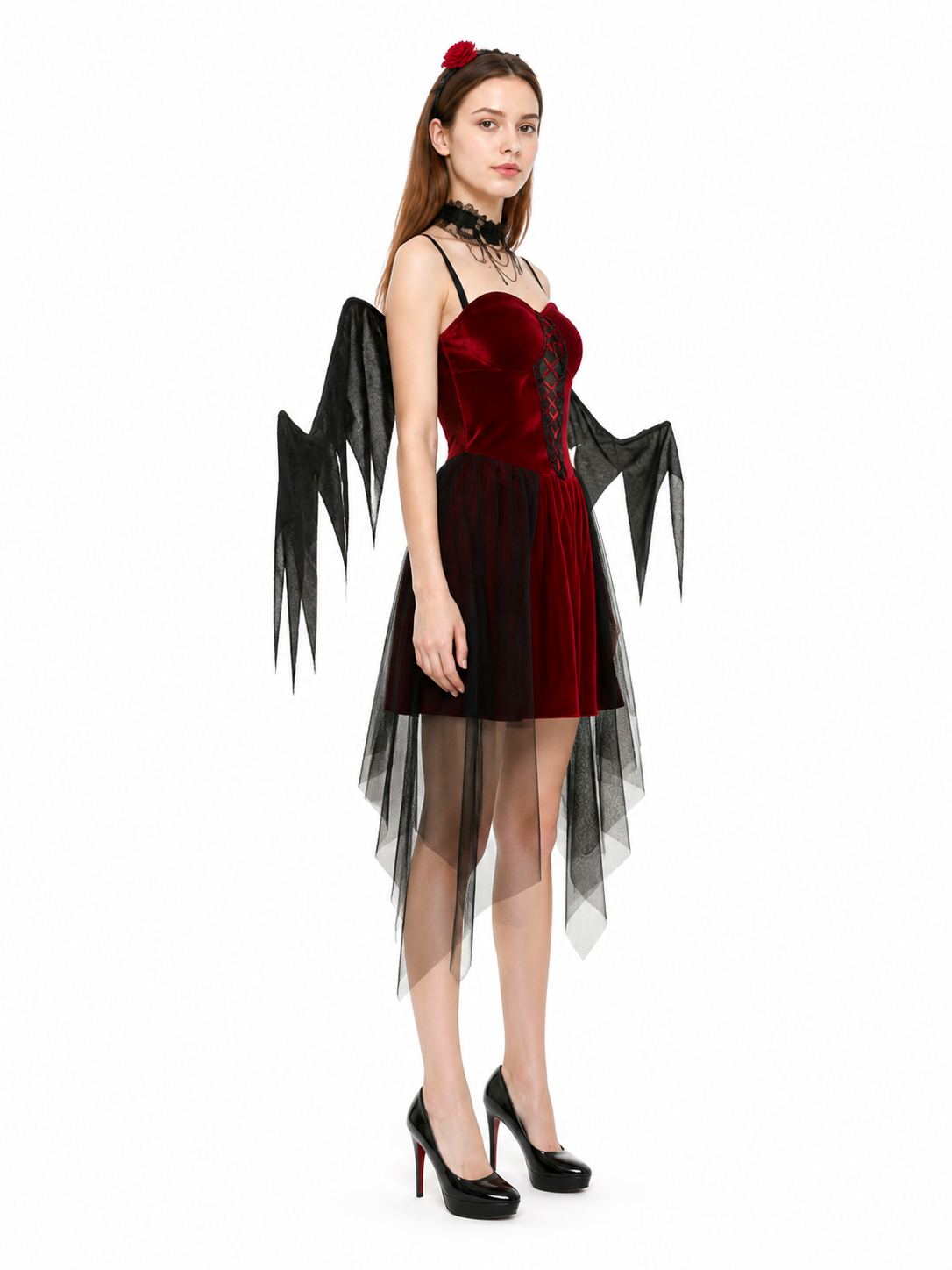 Black and Red Halloween Dress with Wings side view