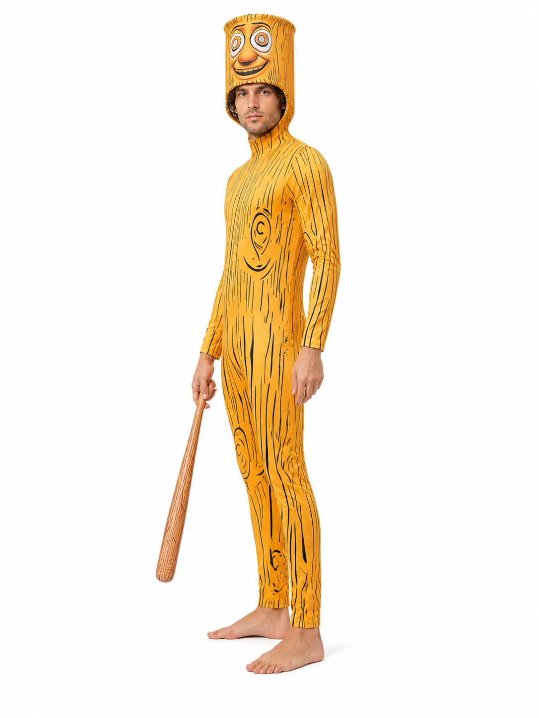 Orange jumpsuit with a stick-shaped mask side view