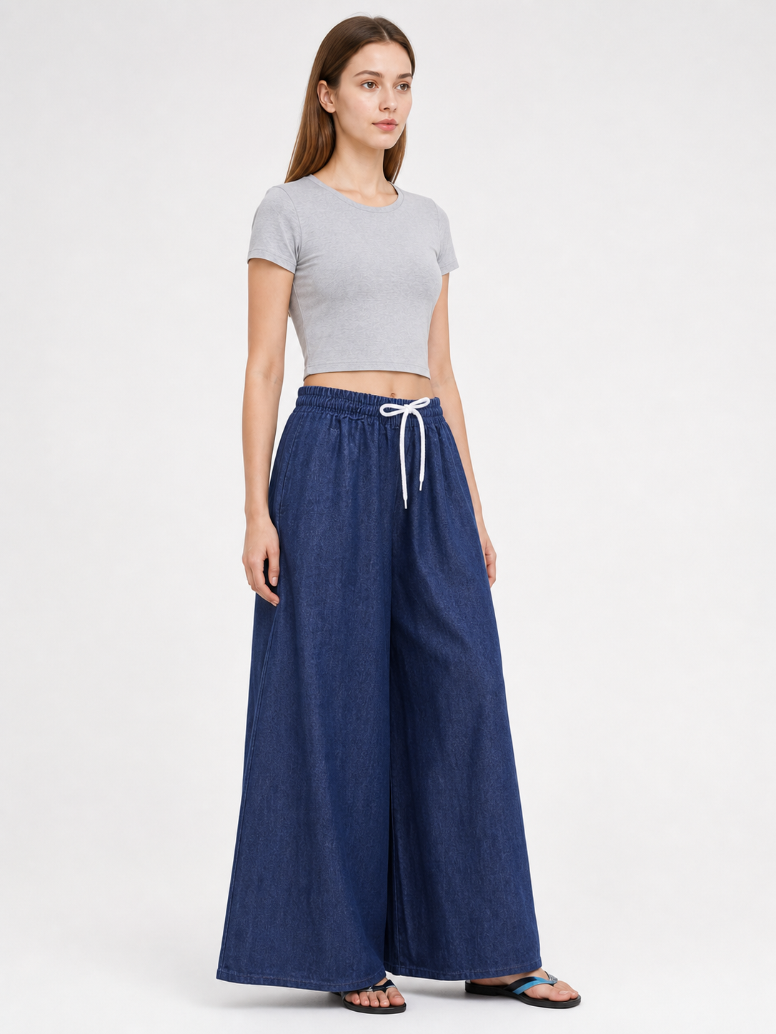 Dark Blue Palazzo Pants with an Elastic Waistband and White Drawstring side view 2