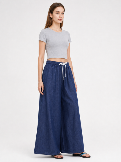 Dark Blue Palazzo Pants with an Elastic Waistband and White Drawstring side view 2