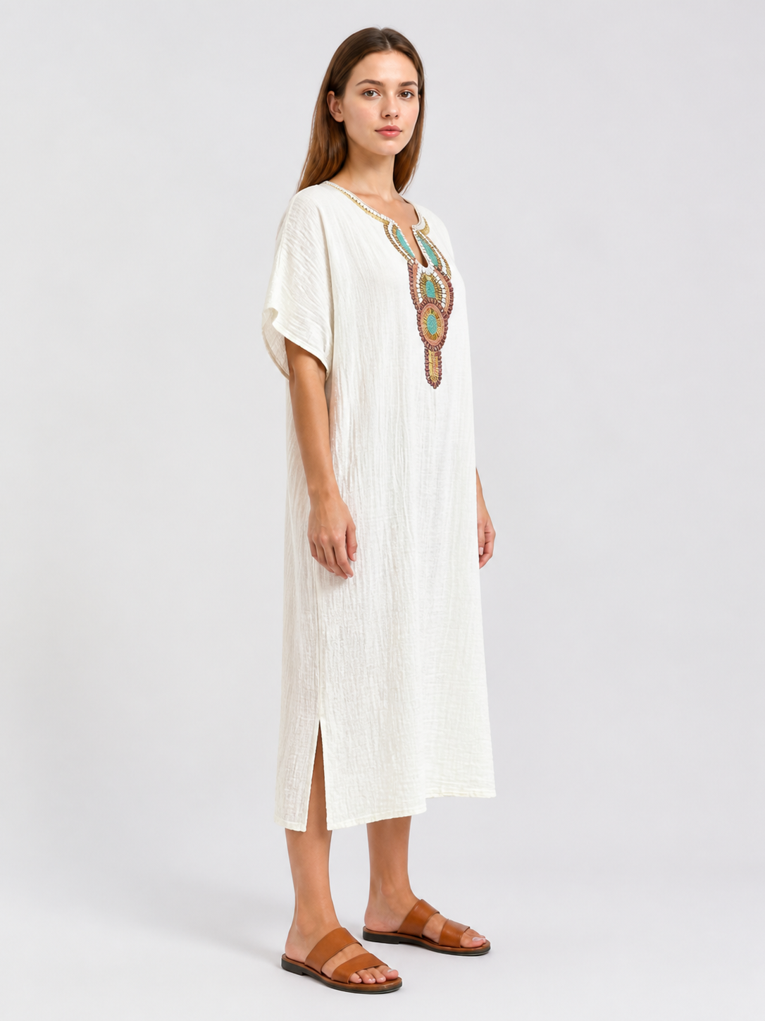Loose-Fit Midi Dress with Beaded Embroidery