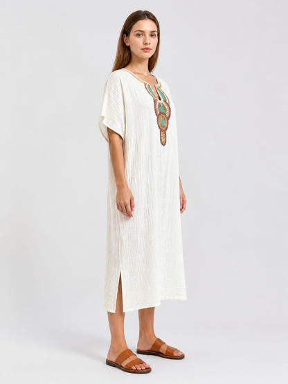 Loose-Fit Midi Dress with Beaded Embroidery