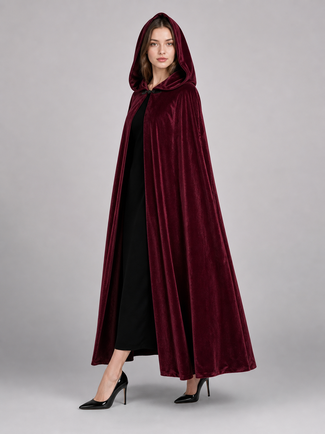 Burgundy Long Carnival Cloak with Hood