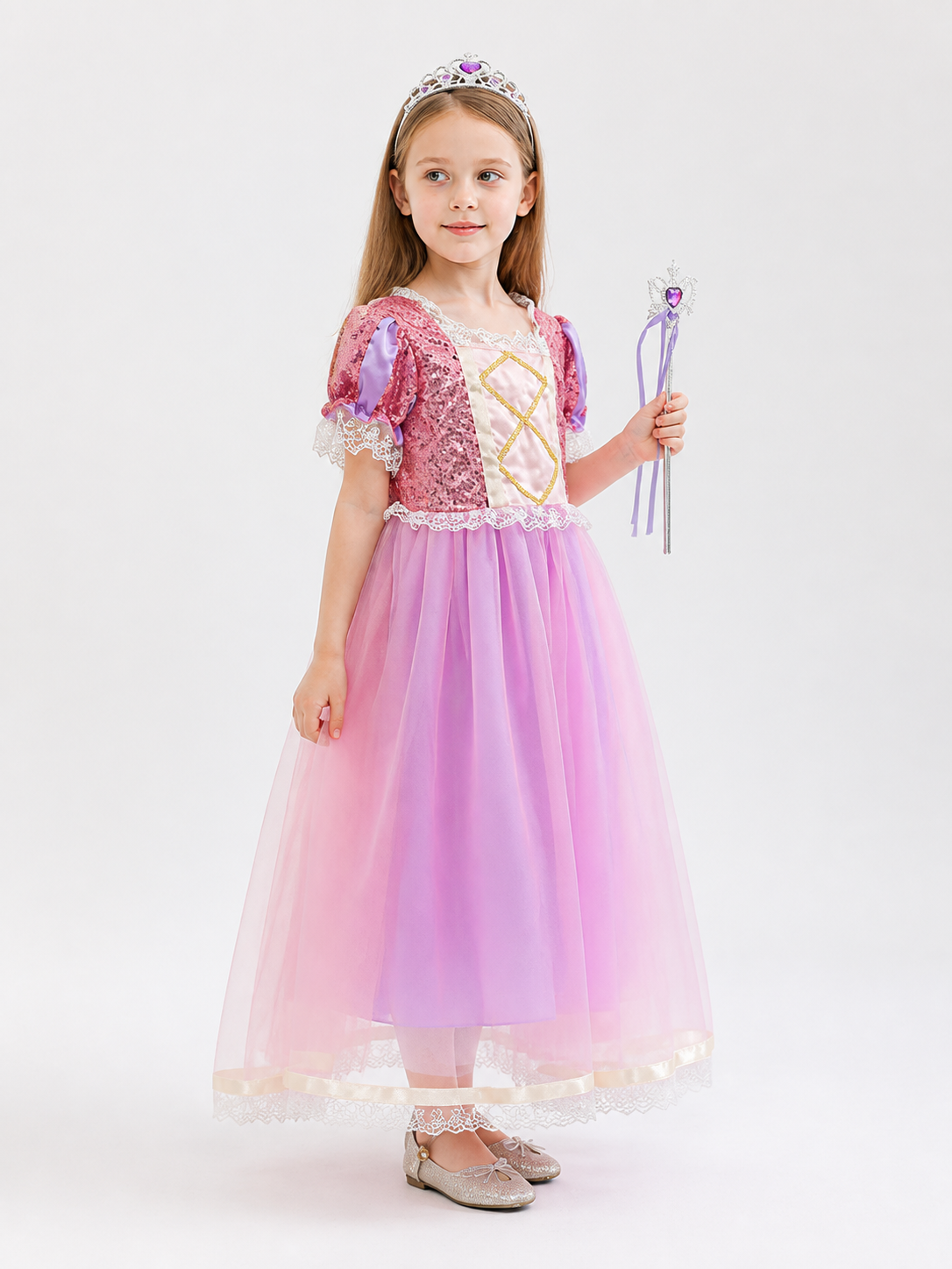 Pink-Lilac Sequin and Lace Maxi Dress