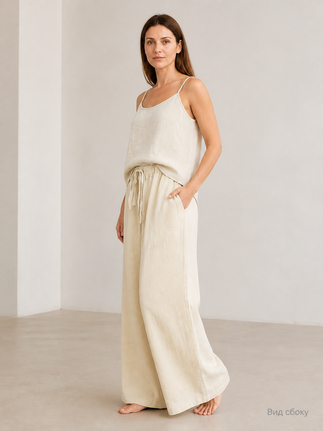 Beige Wide-Leg Pants with an Elastic Waistband and Drawstring side view