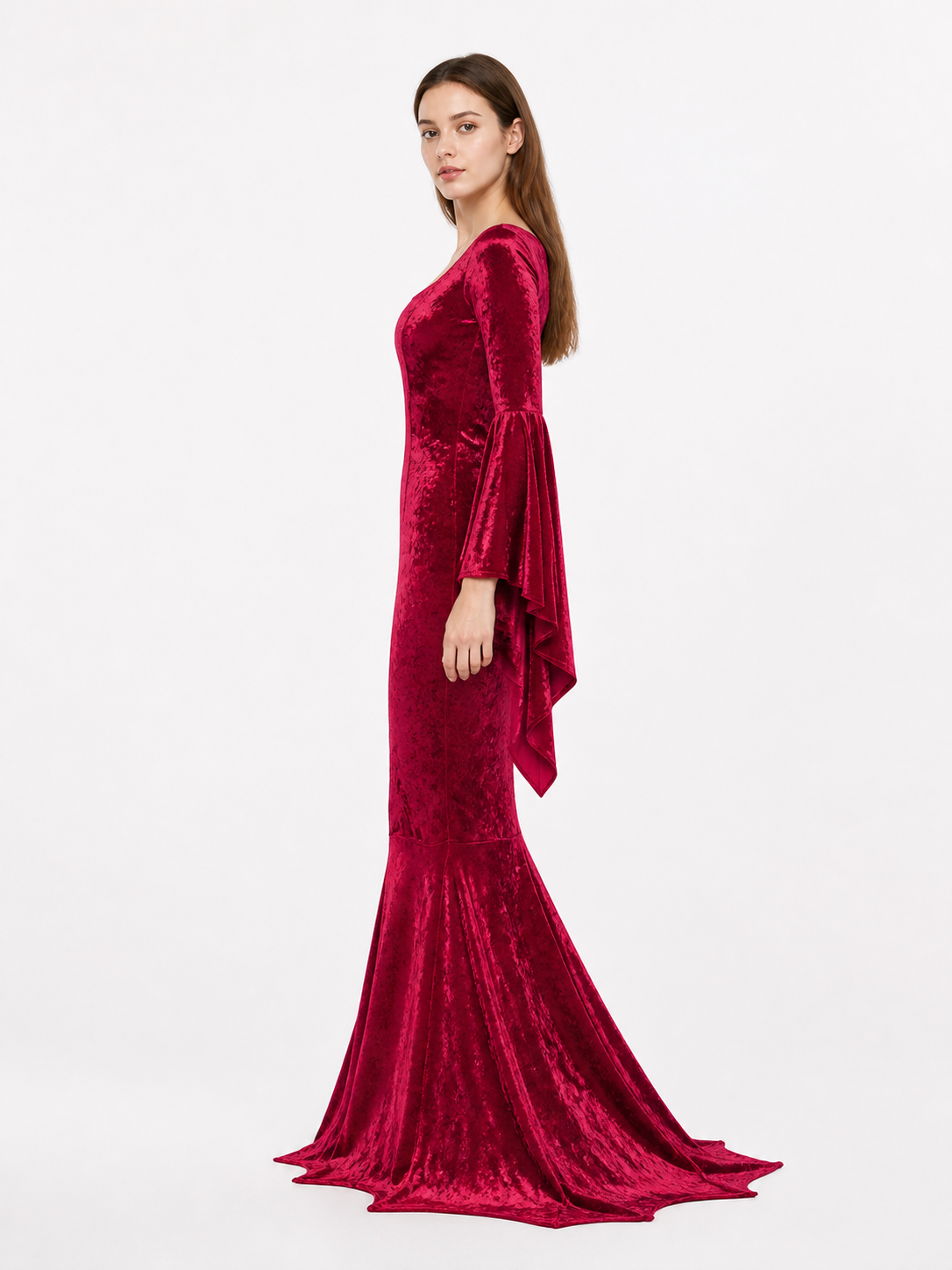 Long Burgundy Dress with Batwing Sleeves side view