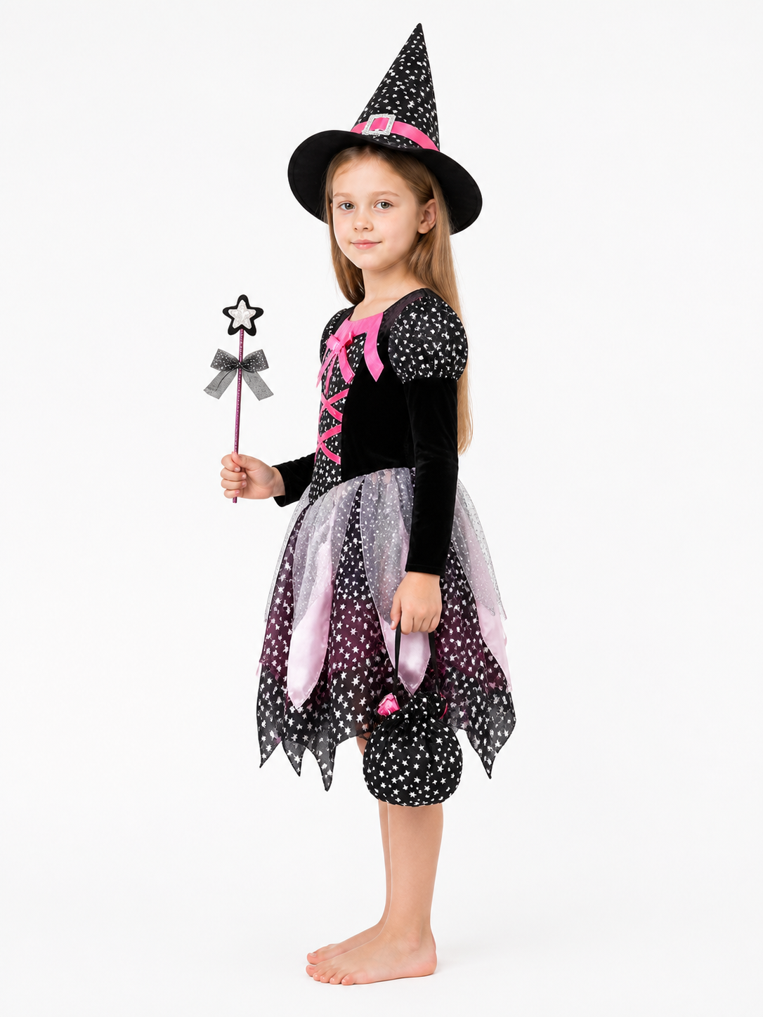 Halloween Costume: Dress, Hat, Wand, Bag side view