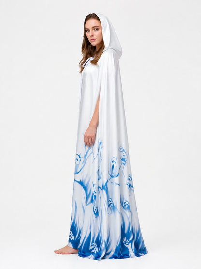 Long Hooded Robe, White with Blue Print side view