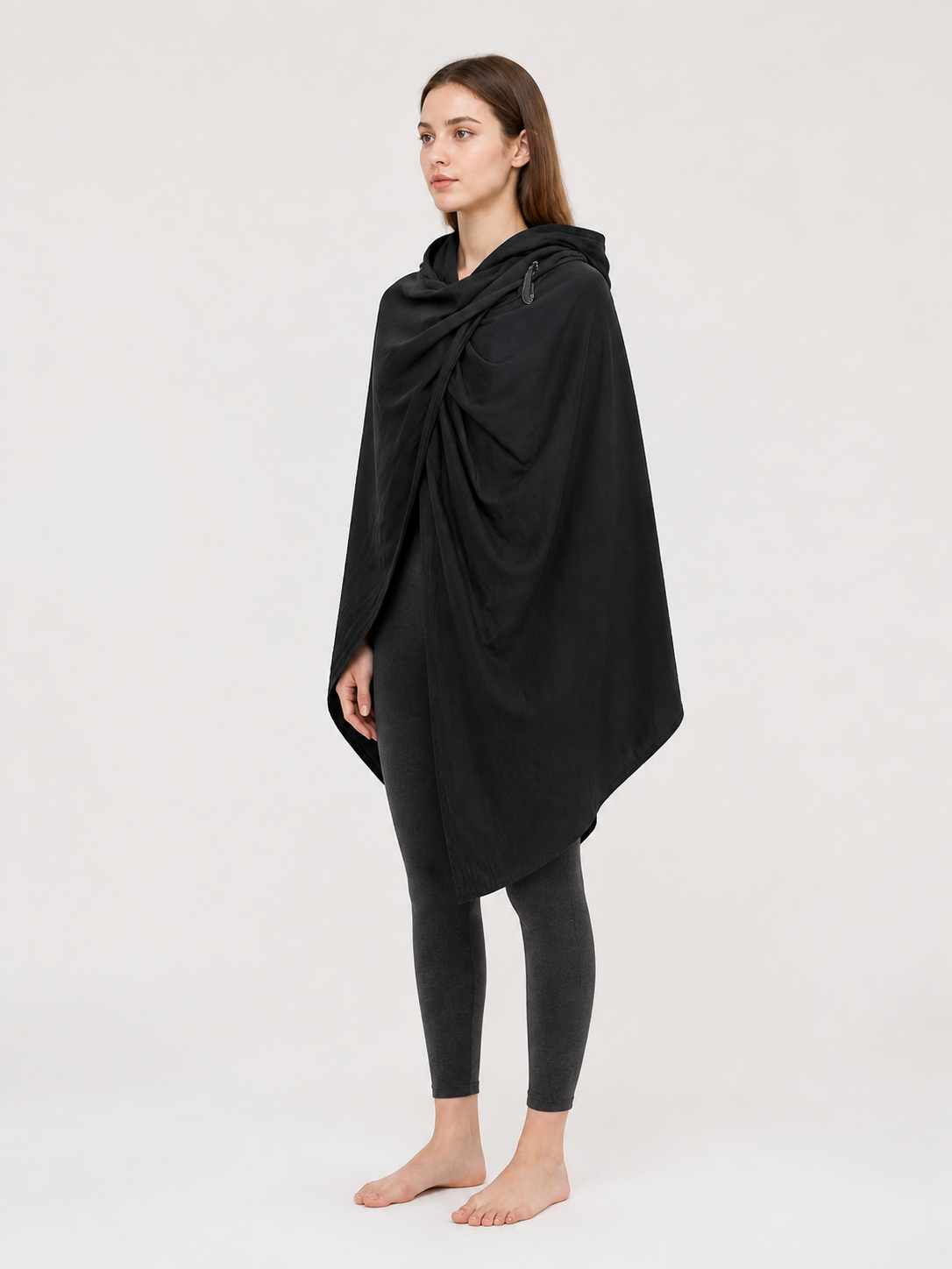 Black Hooded Carnival Cape, Loose Fit side view