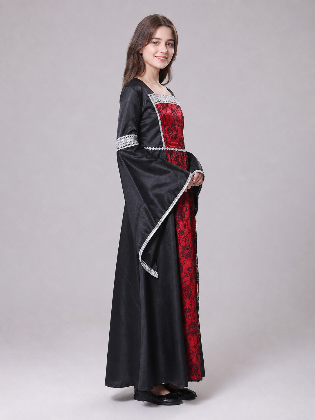 Red and Black Long Dress with Cape and Necklace