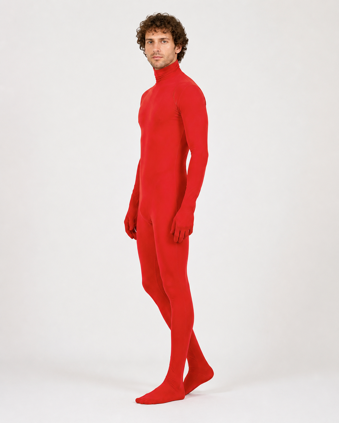 Red Zentai Suit with Open Face and Hood side view