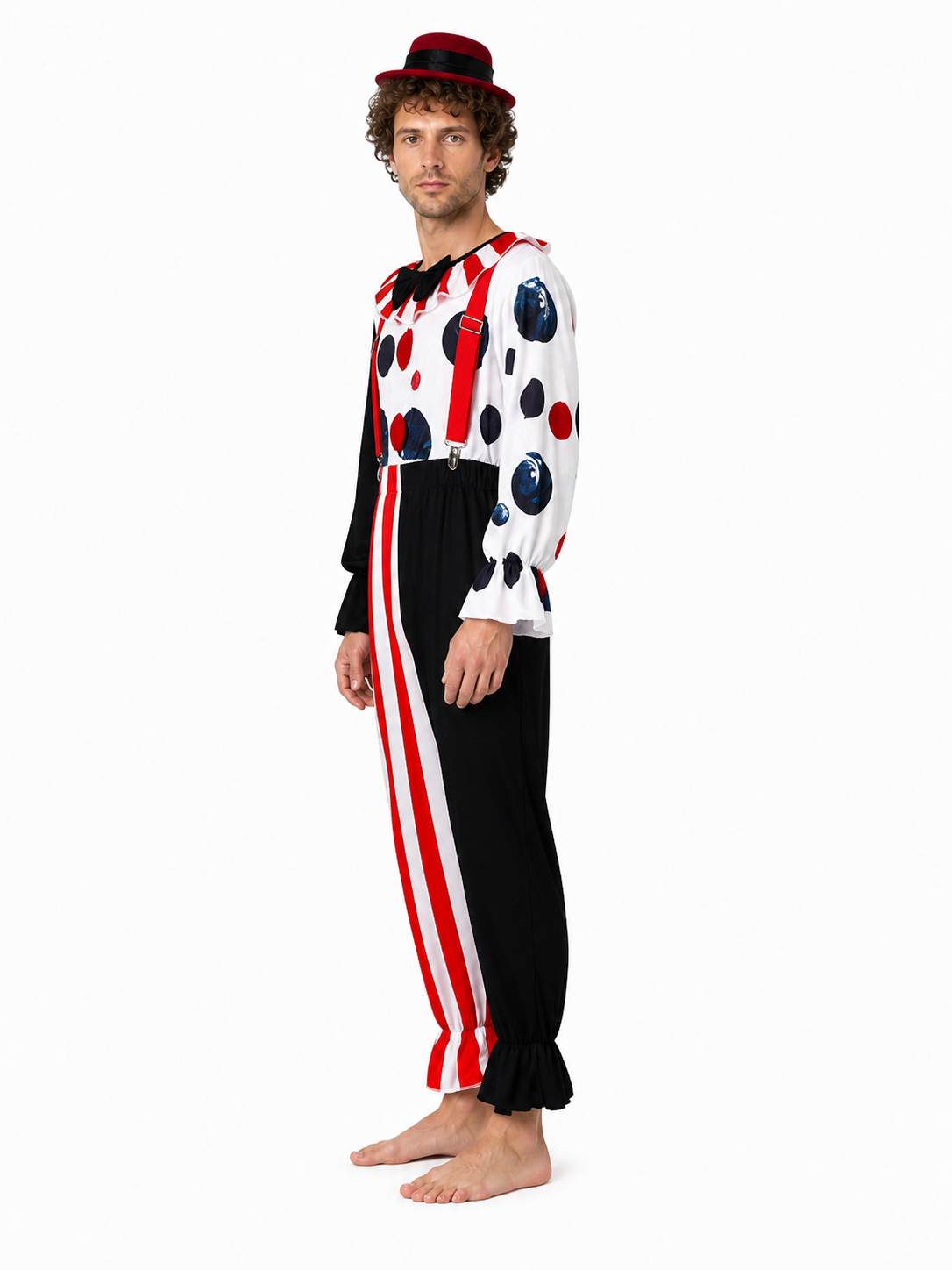 Clown Costume with Pants and Hat, Red, White, and Black side view