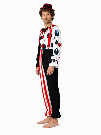 Clown Costume with Pants and Hat, Red, White, and Black side view