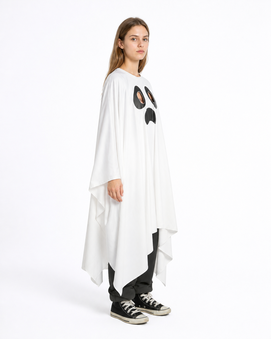 White Ghost Costume with Hood and Black Face side view