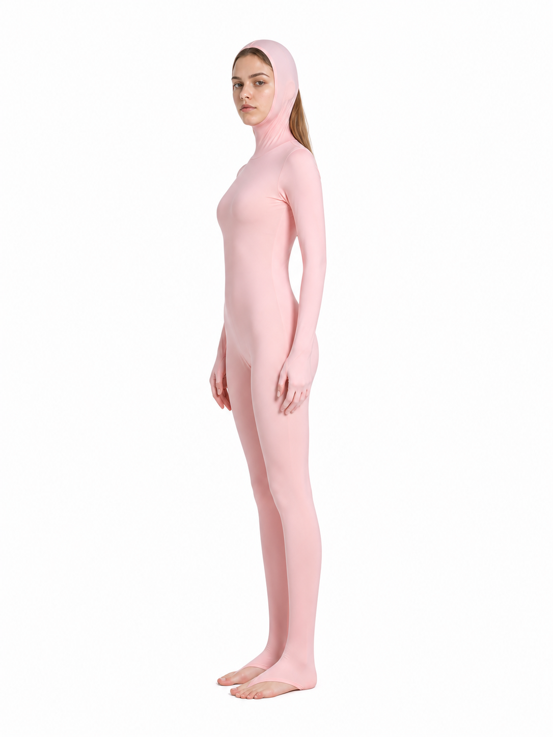 Pink one-piece jumpsuit with hood and gloves side view