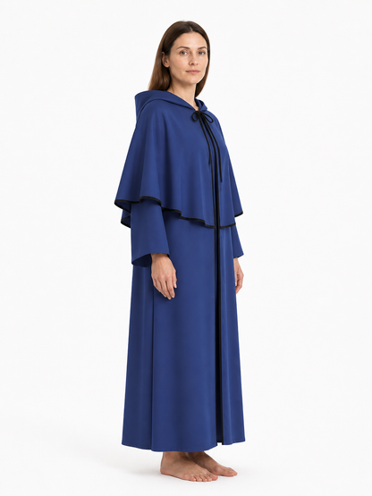 Long Blue Hooded Cloak for Halloween side view