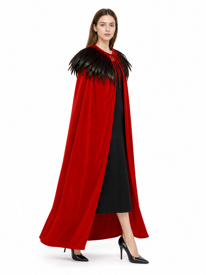 Red Velvet Cape with Feather Trim