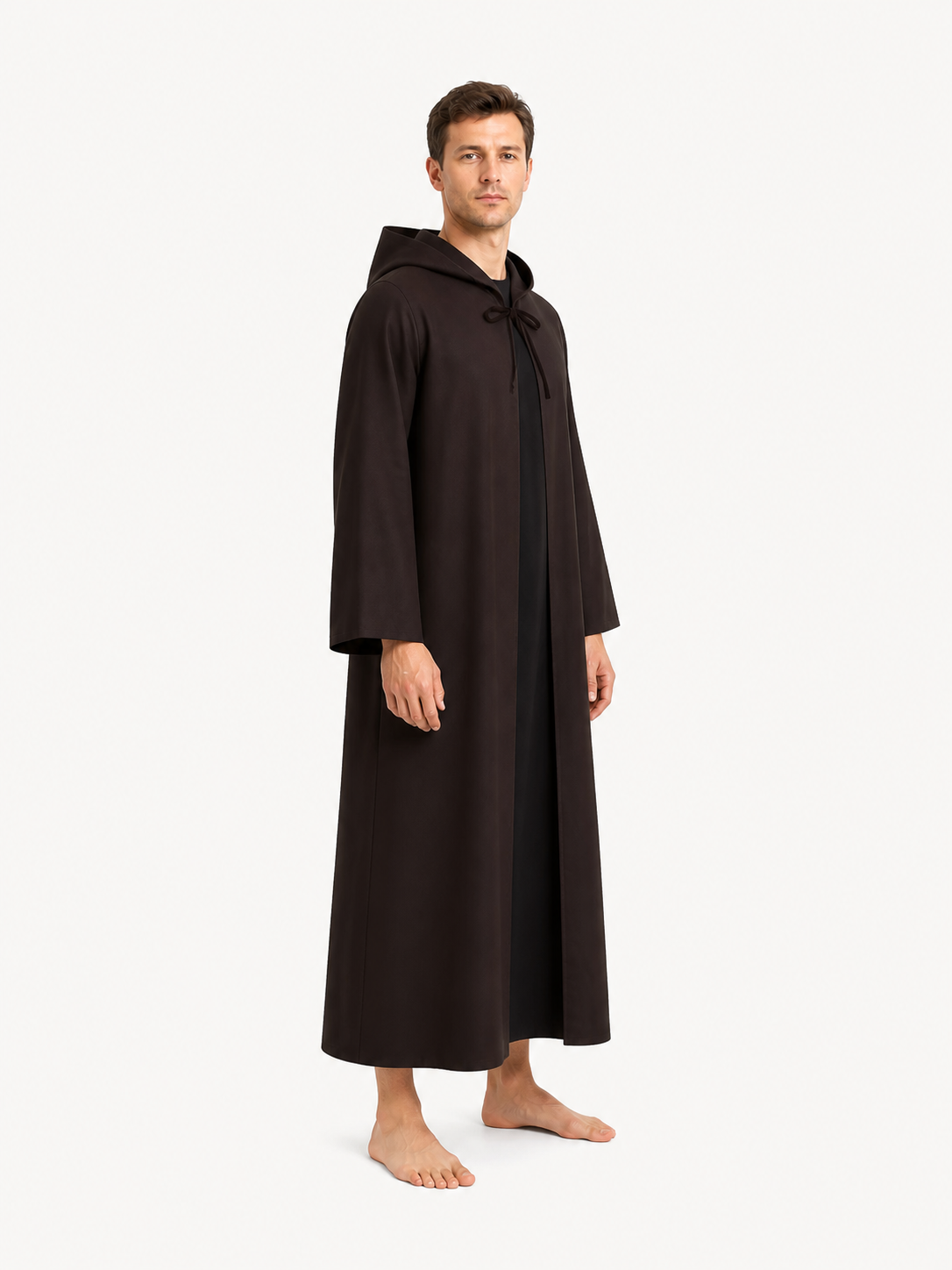 Black Long Hooded Robe with Drawstring side view