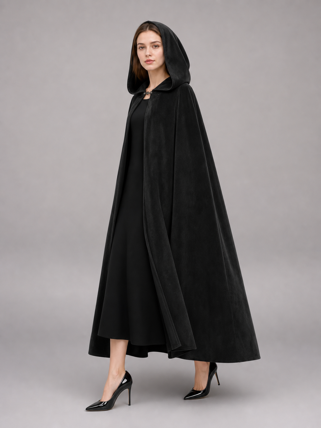 Long black hooded costume cloak