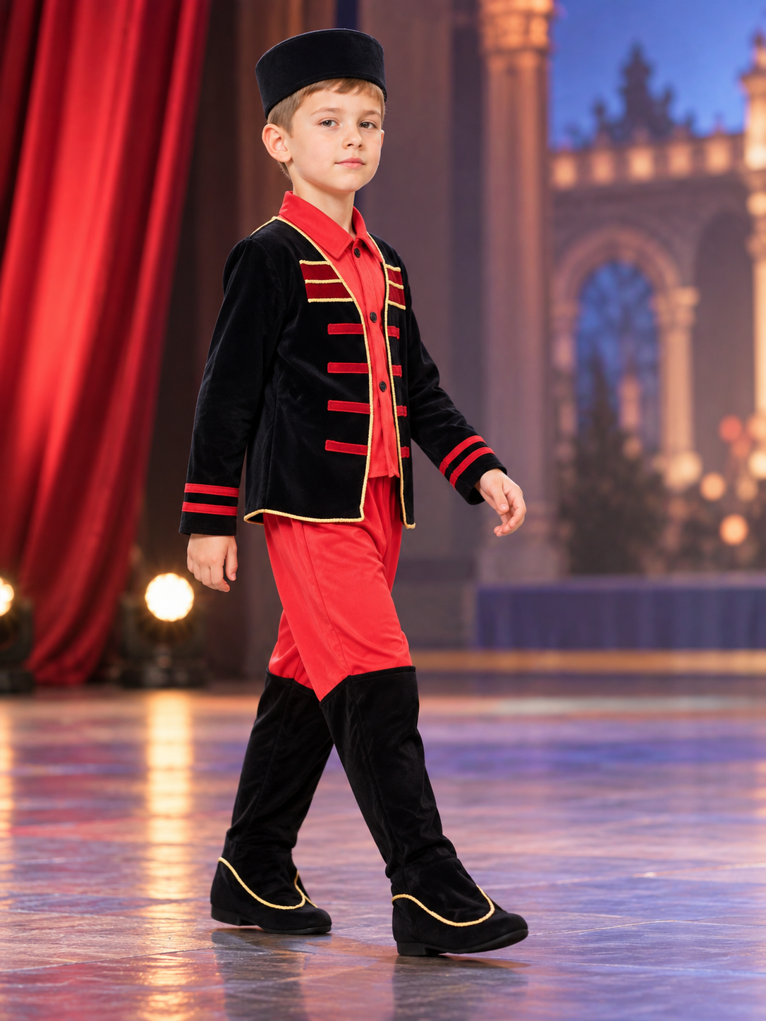 Stage Costume with Red and Gold Trim side view