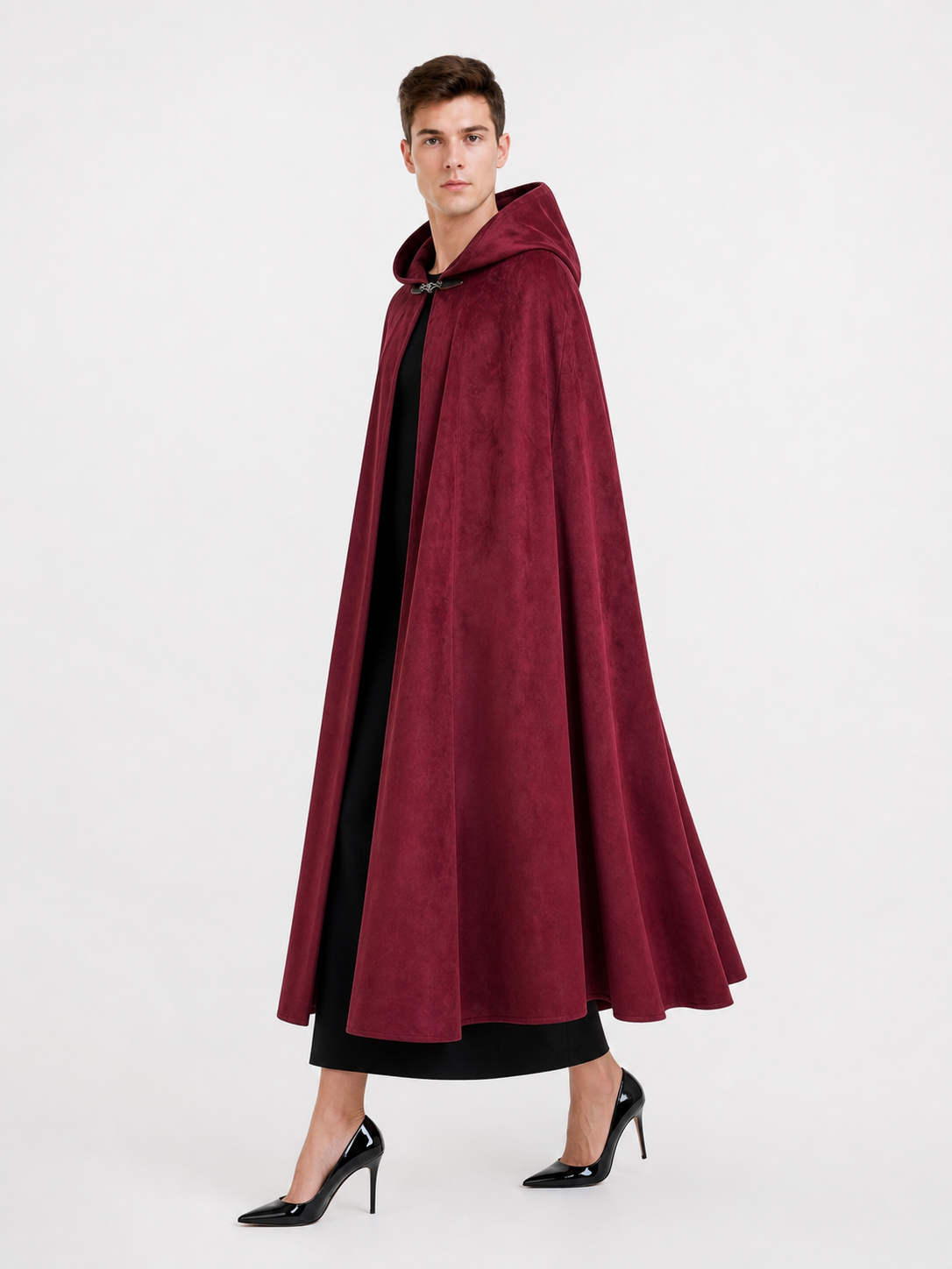 Long burgundy carnival cloak with hood
