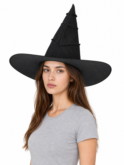 Matte Black Halloween Witch Hat Tall Pointed Crown Wide Curved Floppy Brim Ruched Costume Accessory for Cosplay Party Stage Dress Up