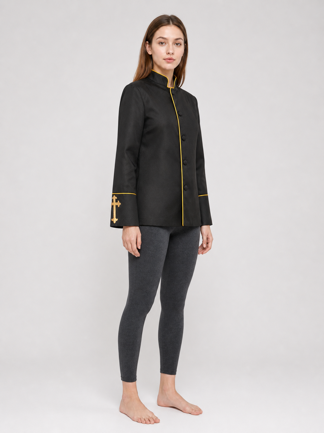 Black stand-collar jacket with gold trim
