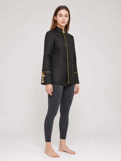 Black stand-collar jacket with gold trim