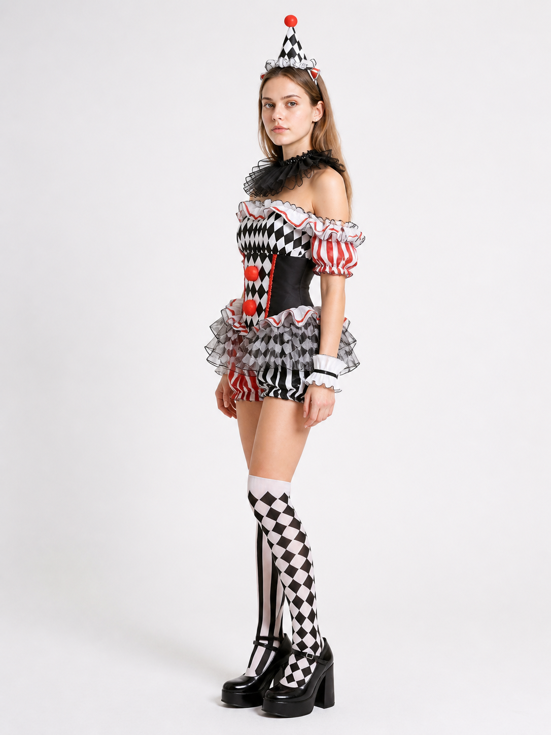 Clown Jumpsuit with Diamond Pattern and Jabot side view