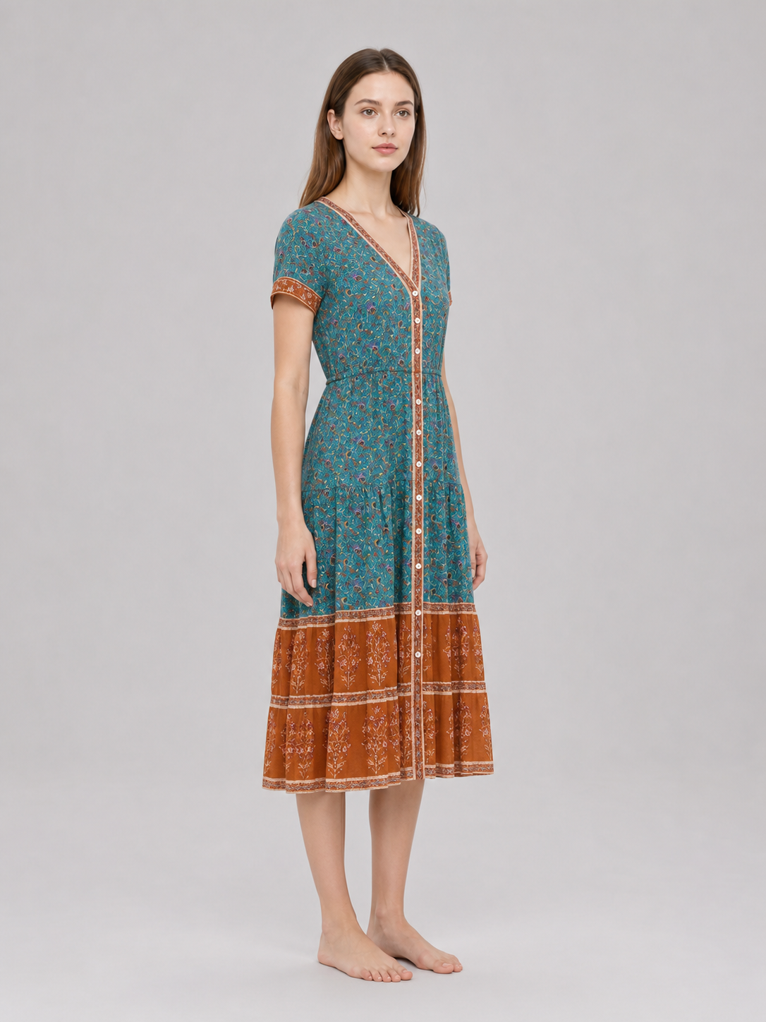 Printed Midi Dress with Short Sleeves