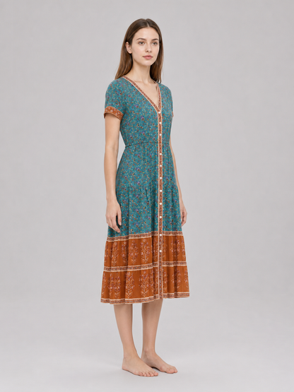 Printed Midi Dress with Short Sleeves