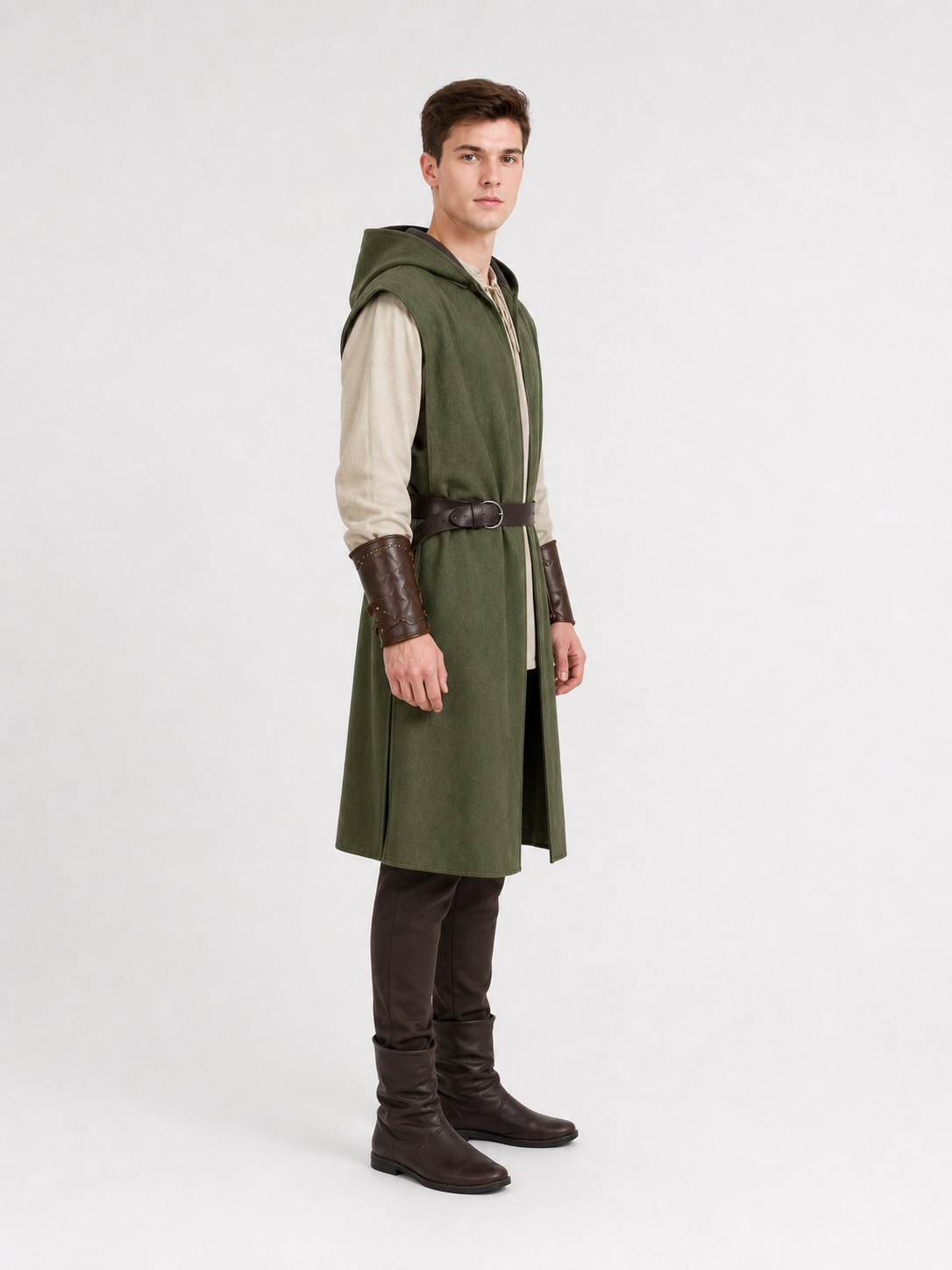 Medieval Fantasy Role Play Costume Set, 2-Piece Olive Green Hooded Sleeveless side view