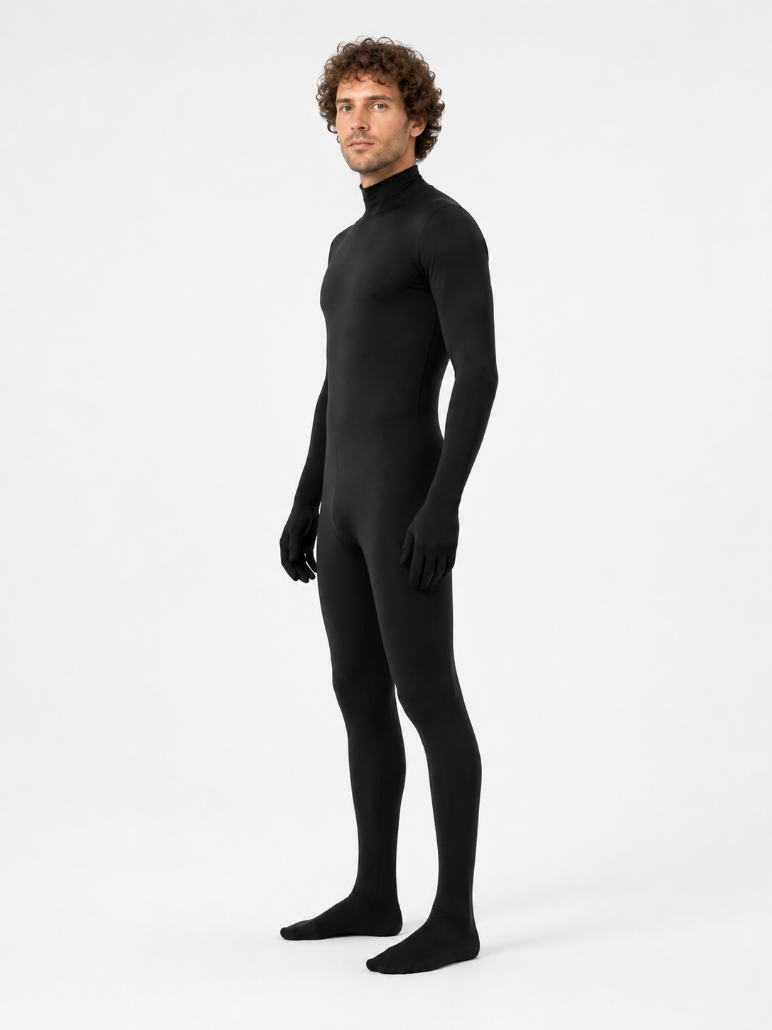 Hooded zentai jumpsuit with an open face side view