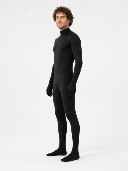 Hooded zentai jumpsuit with an open face side view
