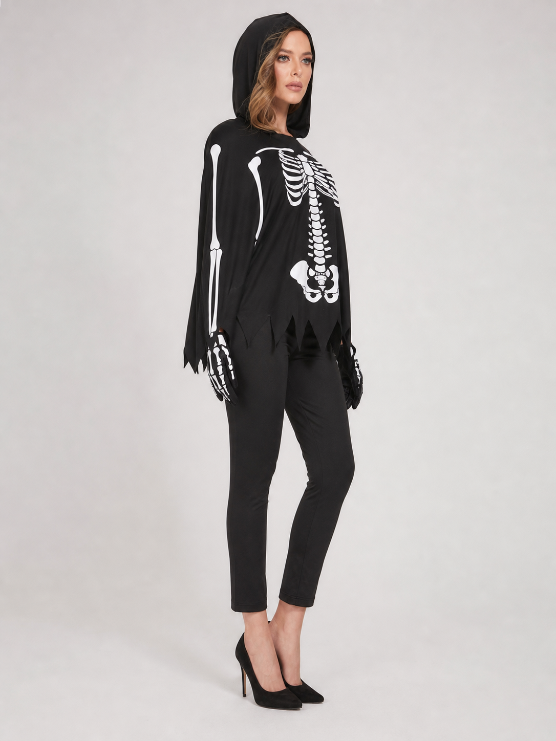 Black Hooded Cape with Skeleton Print side view