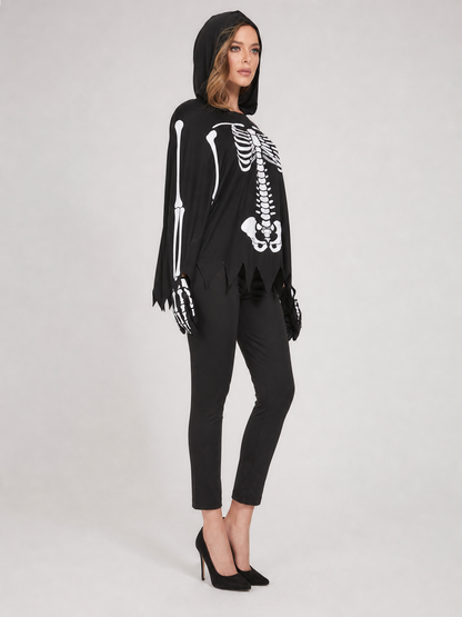 Black Hooded Cape with Skeleton Print side view