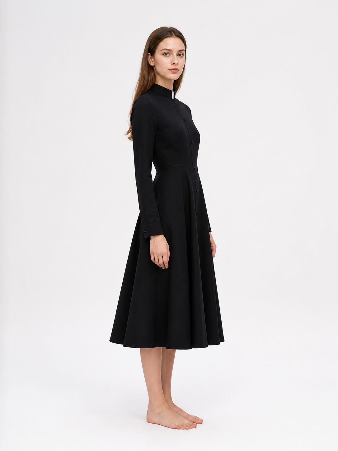 Black Button-Front Dress with Stand Collar for Cosplay